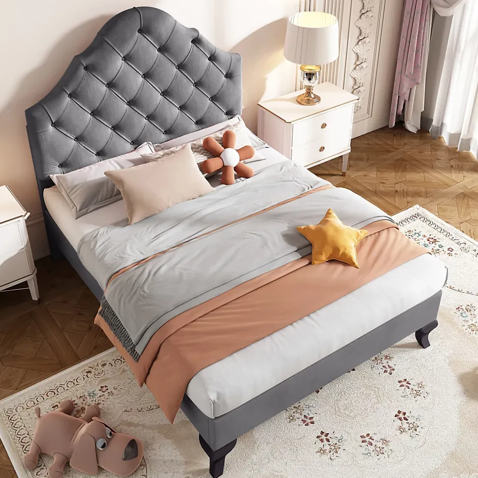 Okwish Lit Simple 90x200 cm - Lit Capitonné en Velours avec Tête de Lit Réglable, Sans Matelas - Gris Sale