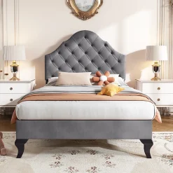 Okwish Lit Simple 90x200 cm - Lit Capitonné en Velours avec Tête de Lit Réglable, Sans Matelas - Gris Sale
