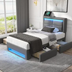 Generique Lit Simple 90x200 cm - Lit Coffre avec 4 Tiroirs et Éclairage LED - Lit Capitonné PU - Gris - Sans Matelas