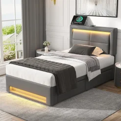 Generique Lit Simple 90x200 cm - Lit Coffre avec 4 Tiroirs et Éclairage LED - Lit Capitonné PU - Gris - Sans Matelas