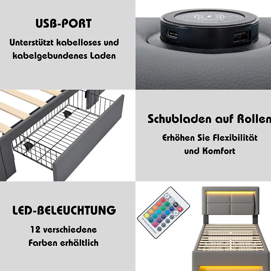 Generique Lit Simple 90x200 cm - Lit Coffre avec 4 Tiroirs et Éclairage LED - Lit Capitonné PU - Gris - Sans Matelas