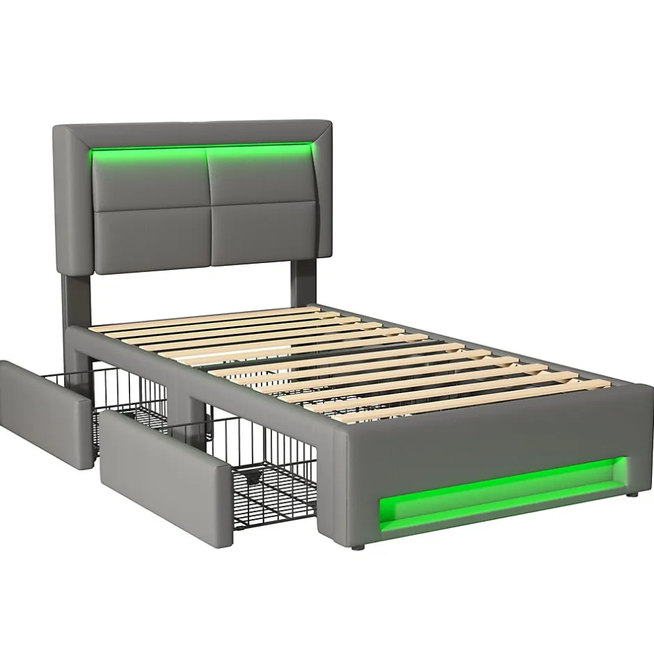 Generique Lit Simple 90x200 cm - Lit Coffre avec 4 Tiroirs et Éclairage LED - Lit Capitonné PU - Gris - Sans Matelas