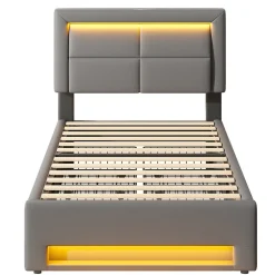 Generique Lit Simple 90x200 cm - Lit Coffre avec 4 Tiroirs et Éclairage LED - Lit Capitonné PU - Gris - Sans Matelas