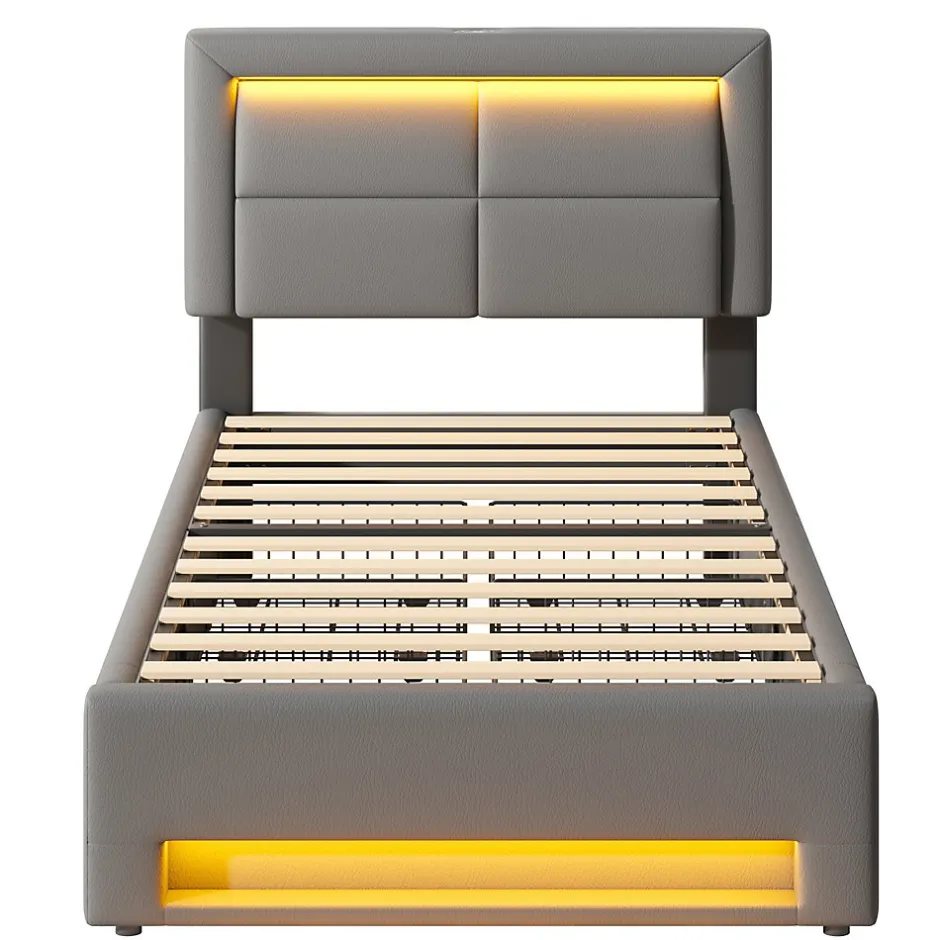Generique Lit Simple 90x200 cm - Lit Coffre avec 4 Tiroirs et Éclairage LED - Lit Capitonné PU - Gris - Sans Matelas