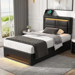 Generique Lit Simple 90x200 cm - Lit Coffre avec 4 Tiroirs et Éclairage LED - Lit Capitonné PU - Noir - Sans Matelas Clearance