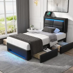 Generique Lit Simple 90x200 cm - Lit Coffre avec 4 Tiroirs et Éclairage LED - Lit Capitonné PU - Noir - Sans Matelas Clearance