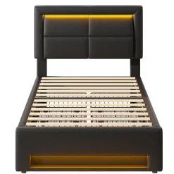 Generique Lit Simple 90x200 cm - Lit Coffre avec 4 Tiroirs et Éclairage LED - Lit Capitonné PU - Noir - Sans Matelas Clearance