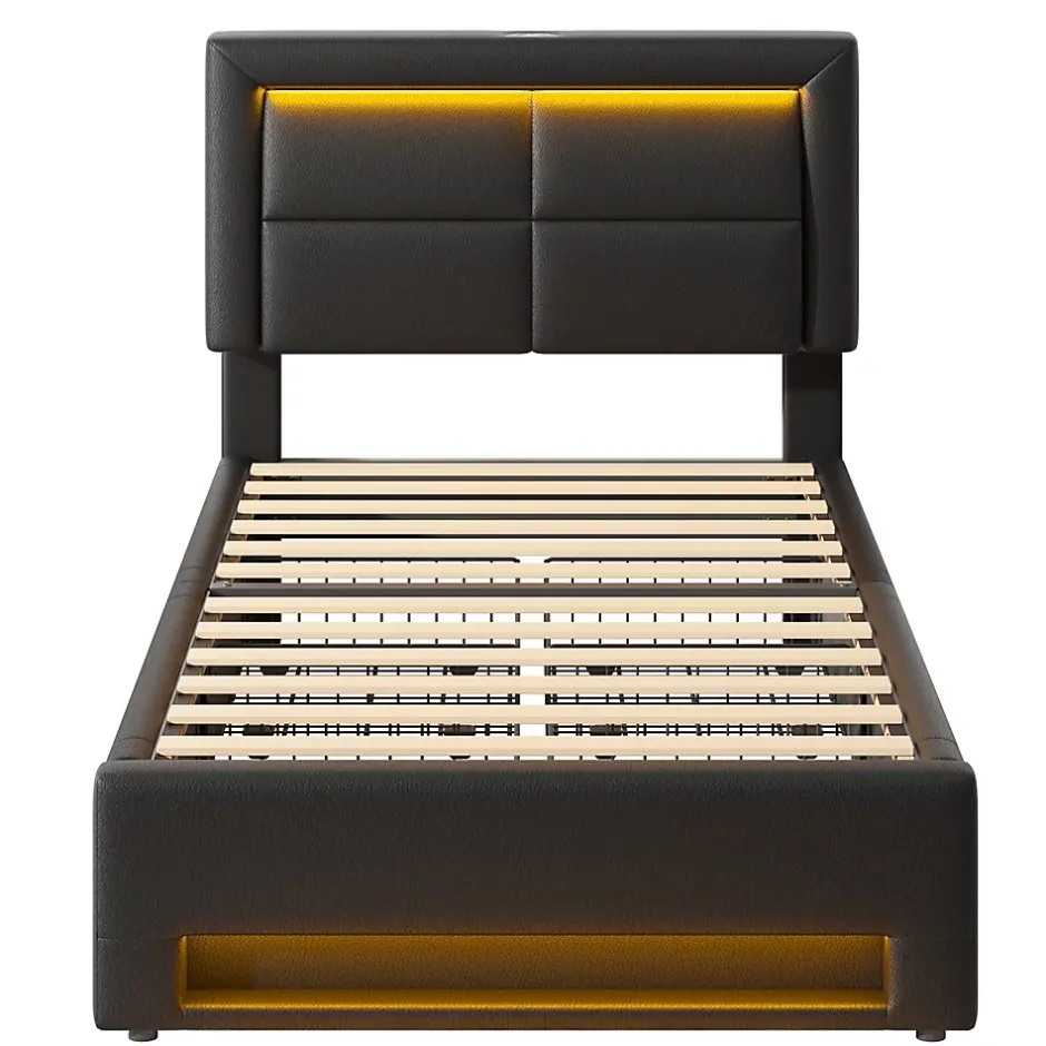 Generique Lit Simple 90x200 cm - Lit Coffre avec 4 Tiroirs et Éclairage LED - Lit Capitonné PU - Noir - Sans Matelas Clearance