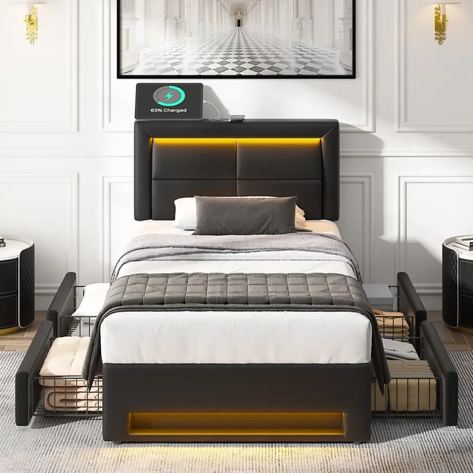 Generique Lit Simple 90x200 cm - Lit Coffre avec 4 Tiroirs et Éclairage LED - Lit Capitonné PU - Noir - Sans Matelas Clearance