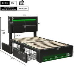 Generique Lit Simple 90x200 cm - Lit Coffre avec 4 Tiroirs et Éclairage LED - Lit Capitonné PU - Noir - Sans Matelas Clearance