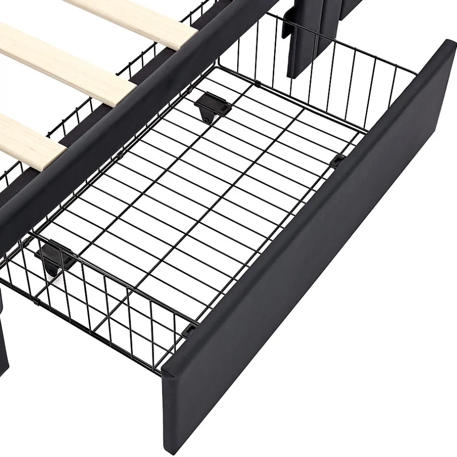 Generique Lit Simple 90x200 cm - Lit Coffre avec 4 Tiroirs et Éclairage LED - Lit Capitonné PU - Noir - Sans Matelas Clearance