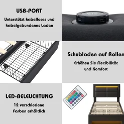 Okwish Lit Simple 90x190 cm - Lit Coffre avec 4 Tiroirs et Éclairage LED - Lit Capitonné PU - Noir - Sans Matelas Discount
