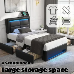 Okwish Lit Simple 90x190 cm - Lit Coffre avec 4 Tiroirs et Éclairage LED - Lit Capitonné PU - Noir - Sans Matelas Discount