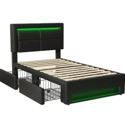 Okwish Lit Simple 90x190 cm - Lit Coffre avec 4 Tiroirs et Éclairage LED - Lit Capitonné PU - Noir - Sans Matelas Discount