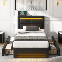 Okwish Lit Simple 90x190 cm - Lit Coffre avec 4 Tiroirs et Éclairage LED - Lit Capitonné PU - Noir - Sans Matelas Discount