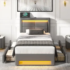 Okwish Lit Simple 90x190 cm - Lit Coffre avec 4 Tiroirs et Ports USB - Éclairage LED - Gain de Place - Gris - Sans Matelas