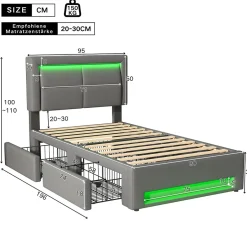 Okwish Lit Simple 90x190 cm - Lit Coffre avec 4 Tiroirs et Ports USB - Éclairage LED - Gain de Place - Gris - Sans Matelas