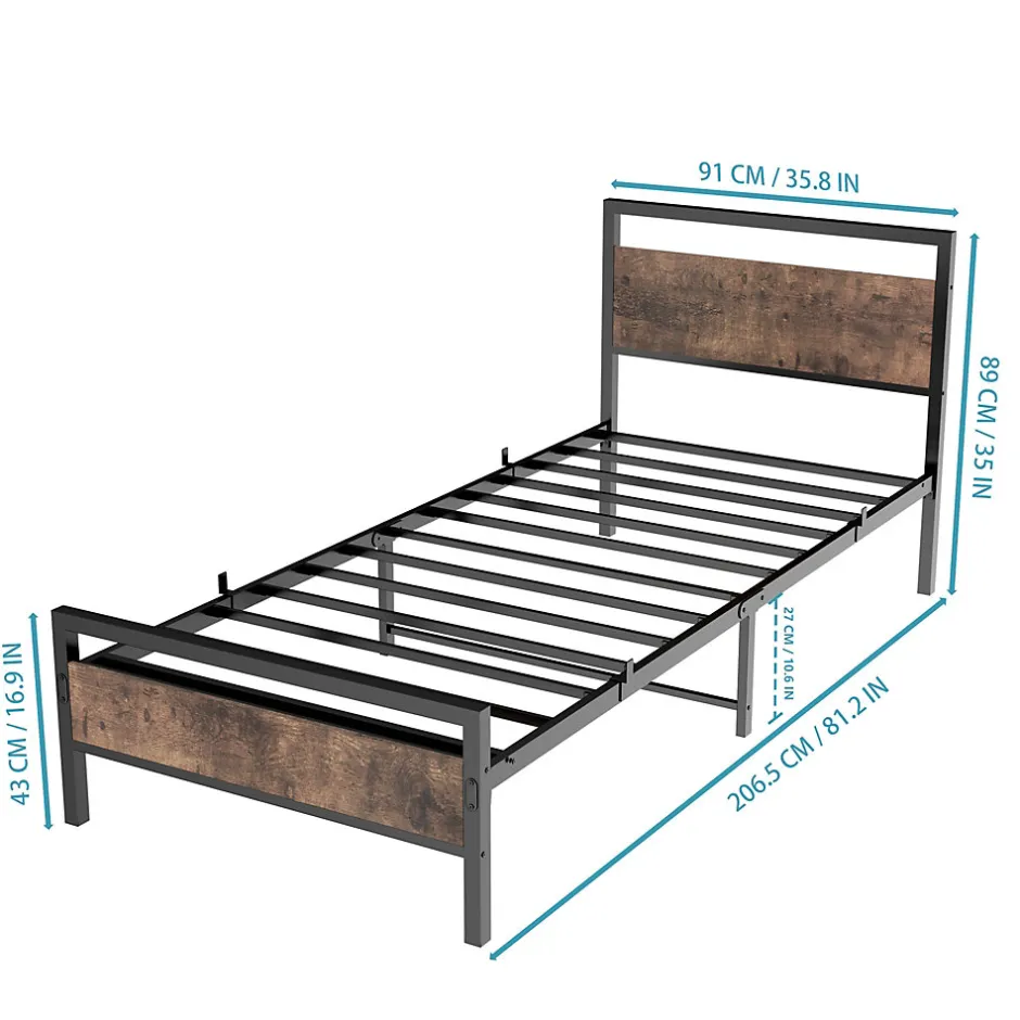 Okwish Lit Simple 90x200 cm - Lit en Métal Noir Solide avec Sommier à Lattes et Bois Robuste - Sans Matelas