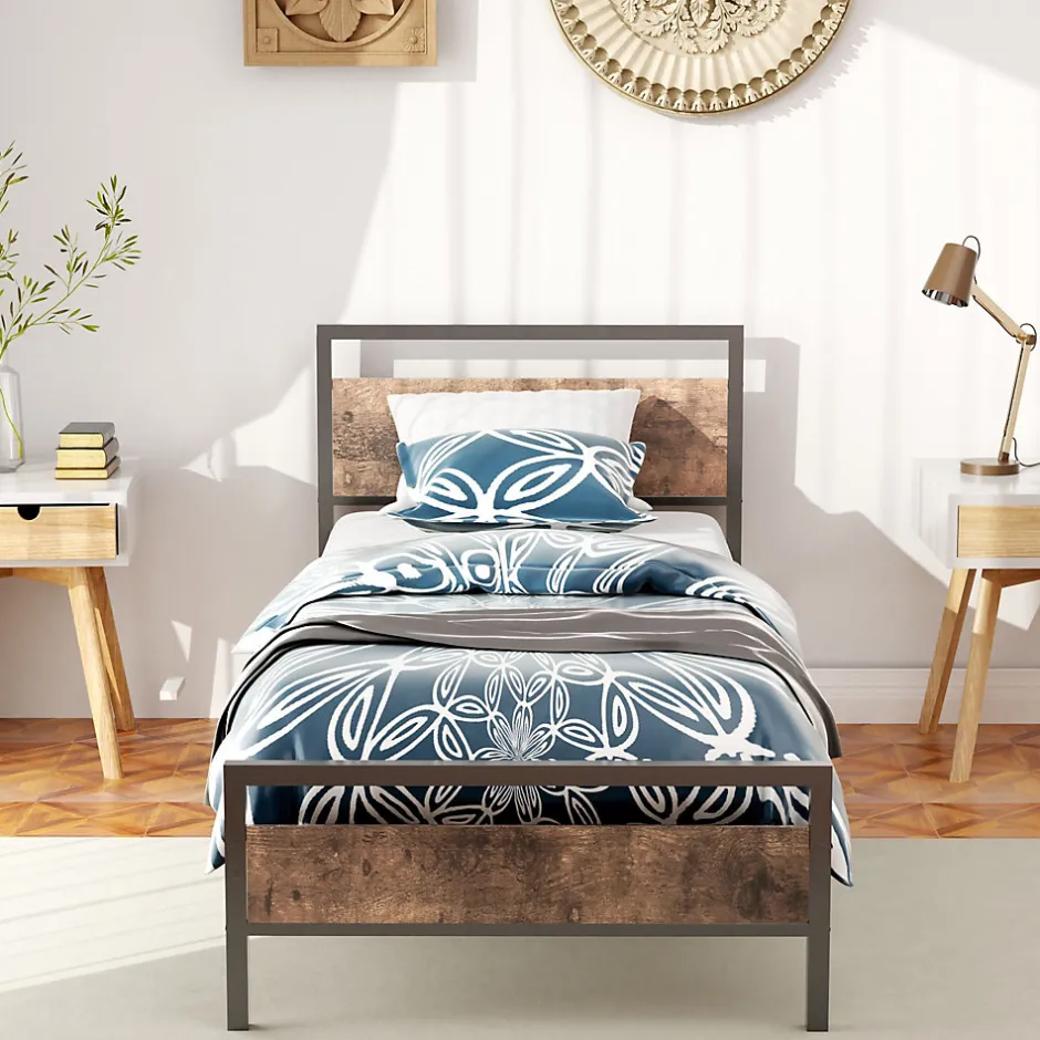 Okwish Lit Simple 90x200 cm - Lit en Métal Noir Solide avec Sommier à Lattes et Bois Robuste - Sans Matelas