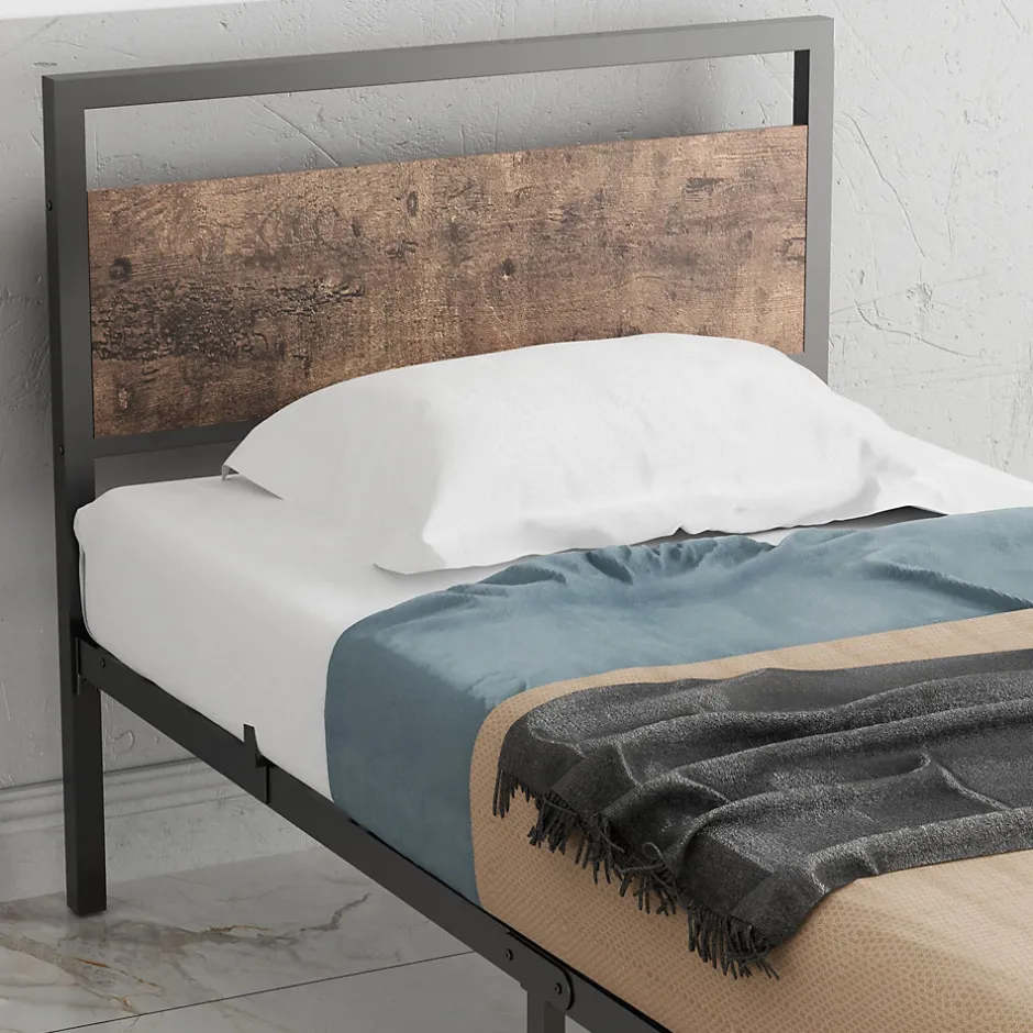 Okwish Lit Simple 90x200 cm - Lit en Métal Noir Solide avec Sommier à Lattes et Bois Robuste - Sans Matelas