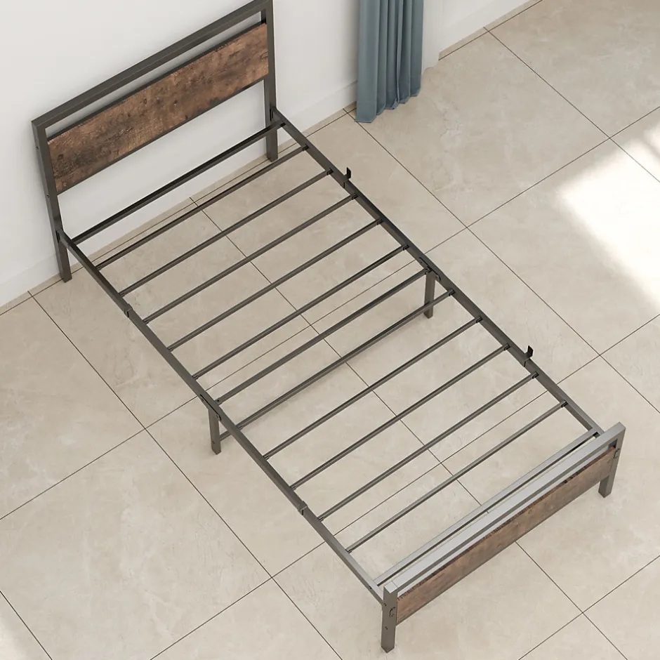 Okwish Lit Simple 90x200 cm - Lit en Métal Noir Solide avec Sommier à Lattes et Bois Robuste - Sans Matelas
