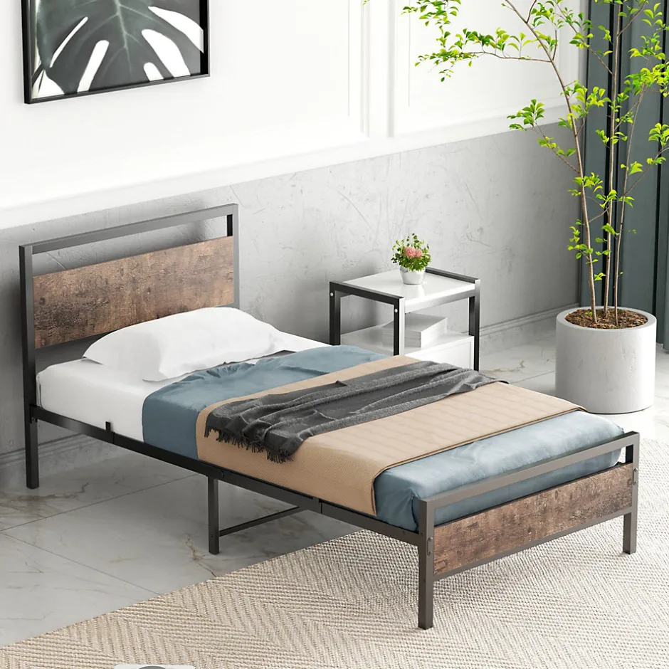Okwish Lit Simple 90x200 cm - Lit en Métal Noir Solide avec Sommier à Lattes et Bois Robuste - Sans Matelas
