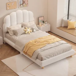 Enfant Okwish Lit Simple 90x200 cm - Lit Enfant Junior avec Tête de Lit en Peluche - Sans Matelas - Blanc