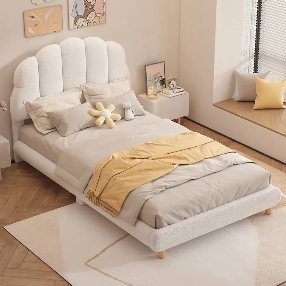 Enfant Okwish Lit Simple 90x200 cm - Lit Enfant Junior avec Tête de Lit en Peluche - Sans Matelas - Blanc