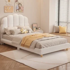 Enfant Okwish Lit Simple 90x200 cm - Lit Enfant Junior avec Tête de Lit en Peluche - Sans Matelas - Blanc