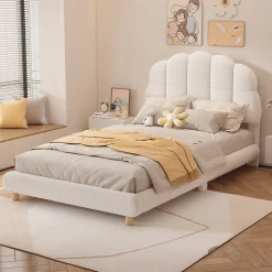 Enfant Okwish Lit Simple 90x200 cm - Lit Enfant Junior avec Tête de Lit en Peluche - Sans Matelas - Blanc