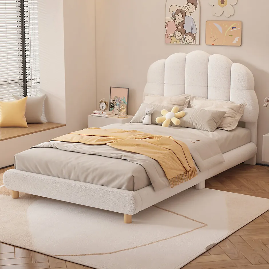 Enfant Okwish Lit Simple 90x200 cm - Lit Enfant Junior avec Tête de Lit en Peluche - Sans Matelas - Blanc