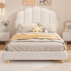 Enfant Okwish Lit Simple 90x200 cm - Lit Enfant Junior avec Tête de Lit en Peluche - Sans Matelas - Blanc