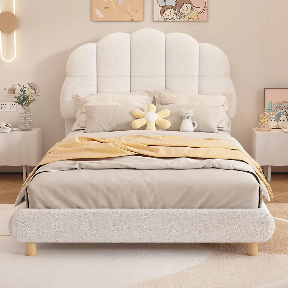 Enfant Okwish Lit Simple 90x200 cm - Lit Enfant Junior avec Tête de Lit en Peluche - Sans Matelas - Blanc