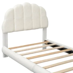 Enfant Okwish Lit Simple 90x200 cm - Lit Enfant Junior avec Tête de Lit en Peluche - Sans Matelas - Blanc