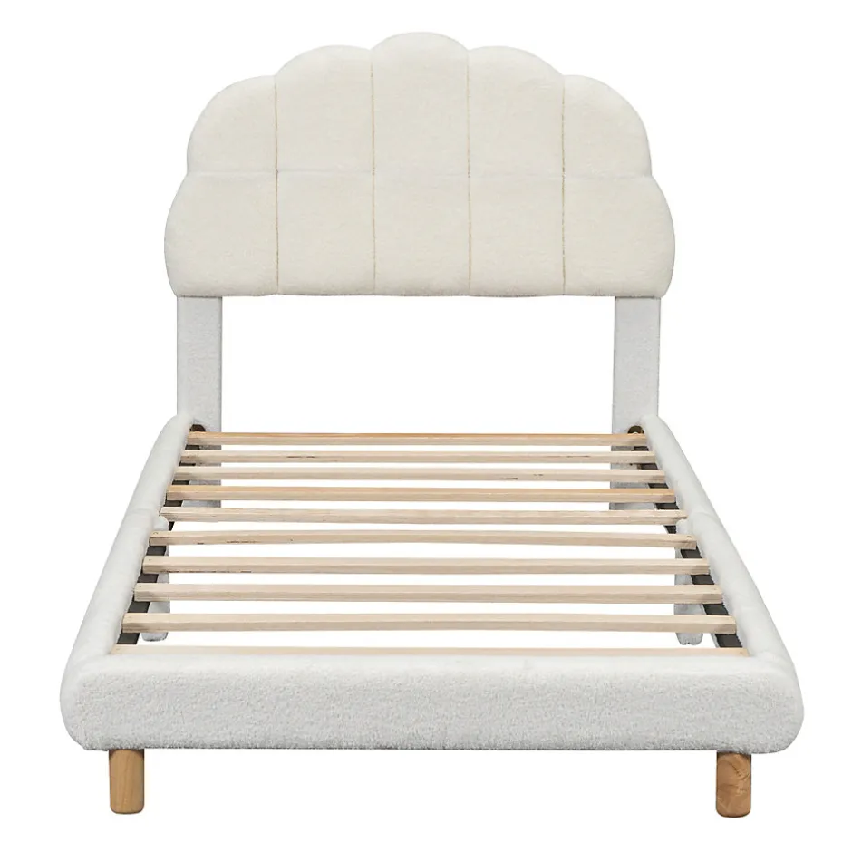 Enfant Okwish Lit Simple 90x200 cm - Lit Enfant Junior avec Tête de Lit en Peluche - Sans Matelas - Blanc