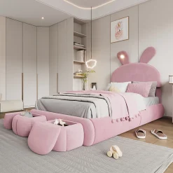 Enfant Okwish Lit Simple 90x200 cm - Lit enfant Rembourré avec Oreilles de Lapin et 2 Tabourets de Rangement - Velours - Rose