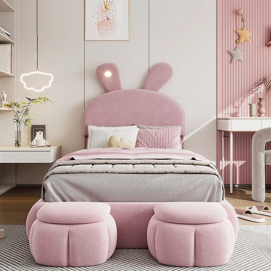Enfant Okwish Lit Simple 90x200 cm - Lit enfant Rembourré avec Oreilles de Lapin et 2 Tabourets de Rangement - Velours - Rose