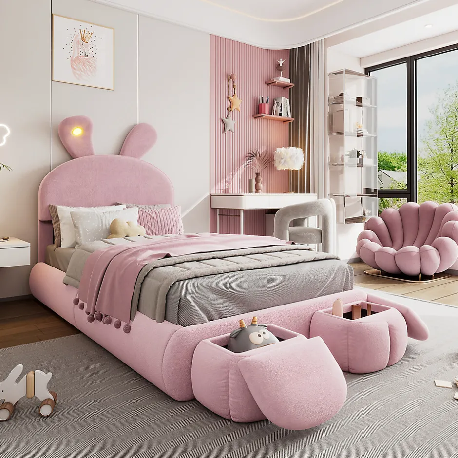 Enfant Okwish Lit Simple 90x200 cm - Lit enfant Rembourré avec Oreilles de Lapin et 2 Tabourets de Rangement - Velours - Rose