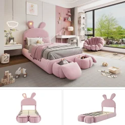 Enfant Okwish Lit Simple 90x200 cm - Lit enfant Rembourré avec Oreilles de Lapin et 2 Tabourets de Rangement - Velours - Rose