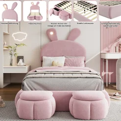 Enfant Okwish Lit Simple 90x200 cm - Lit enfant Rembourré avec Oreilles de Lapin et 2 Tabourets de Rangement - Velours - Rose