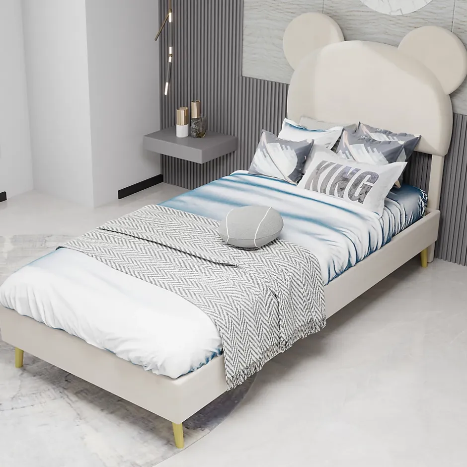 Okwish Lit Simple 90x200 cm - Lit Enfant avec Tête Cartoon Capitonnée et Cadre Bas, Velours Beige, sans Matelas Online