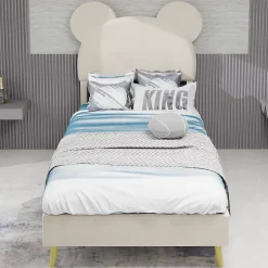 Okwish Lit Simple 90x200 cm - Lit Enfant avec Tête Cartoon Capitonnée et Cadre Bas, Velours Beige, sans Matelas Online