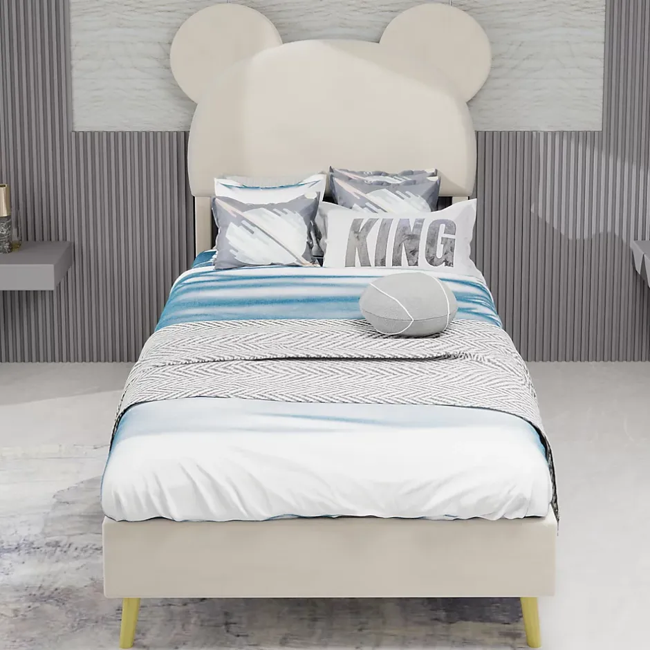 Okwish Lit Simple 90x200 cm - Lit Enfant avec Tête Cartoon Capitonnée et Cadre Bas, Velours Beige, sans Matelas Online