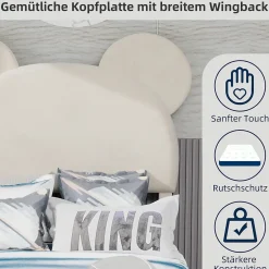 Okwish Lit Simple 90x200 cm - Lit Enfant avec Tête Cartoon Capitonnée et Cadre Bas, Velours Beige, sans Matelas Online