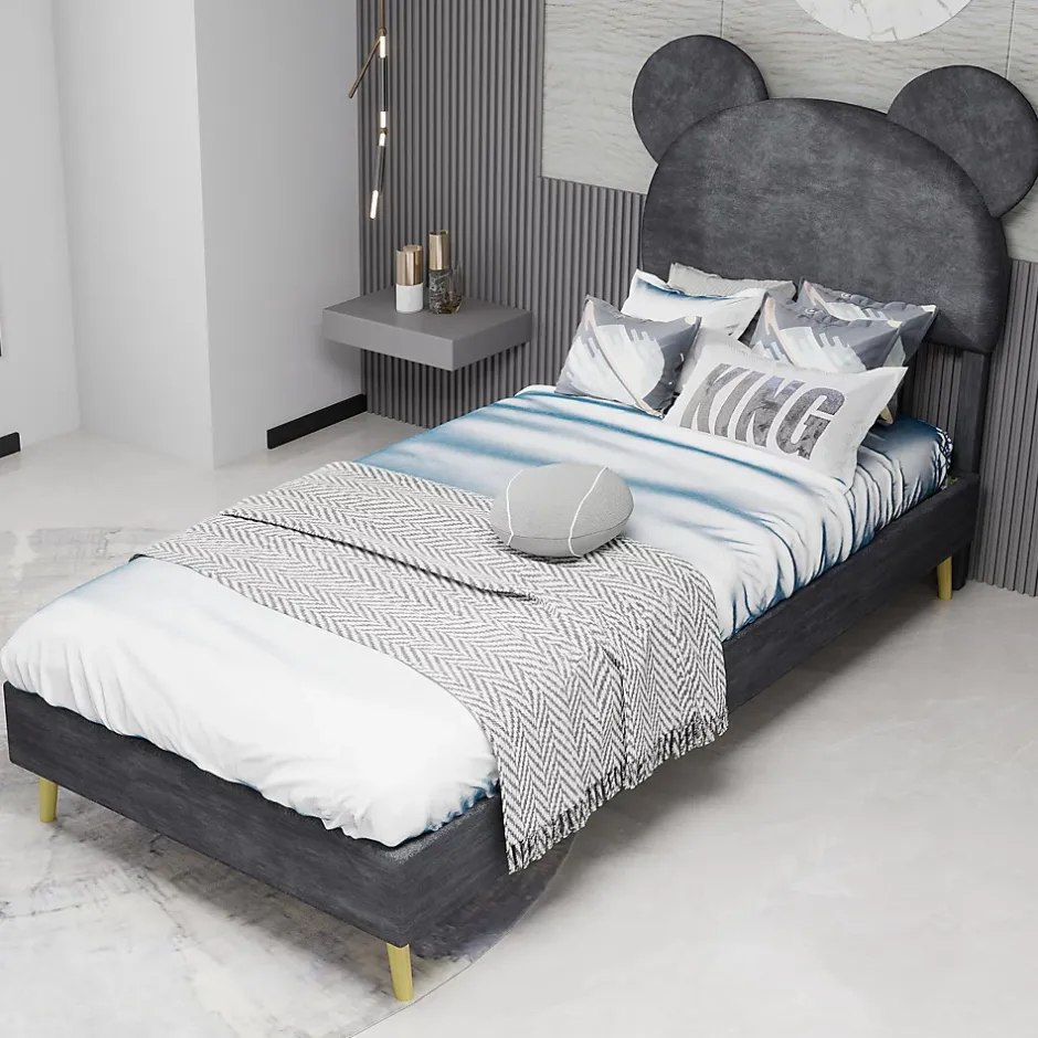 Okwish Lit Simple 90x200 cm - Lit Enfant avec Tête Cartoon Capitonnée et Cadre Bas, Velours Gris, sans Matelas Discount