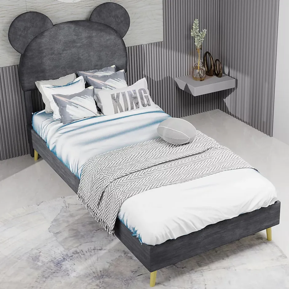 Okwish Lit Simple 90x200 cm - Lit Enfant avec Tête Cartoon Capitonnée et Cadre Bas, Velours Gris, sans Matelas Discount