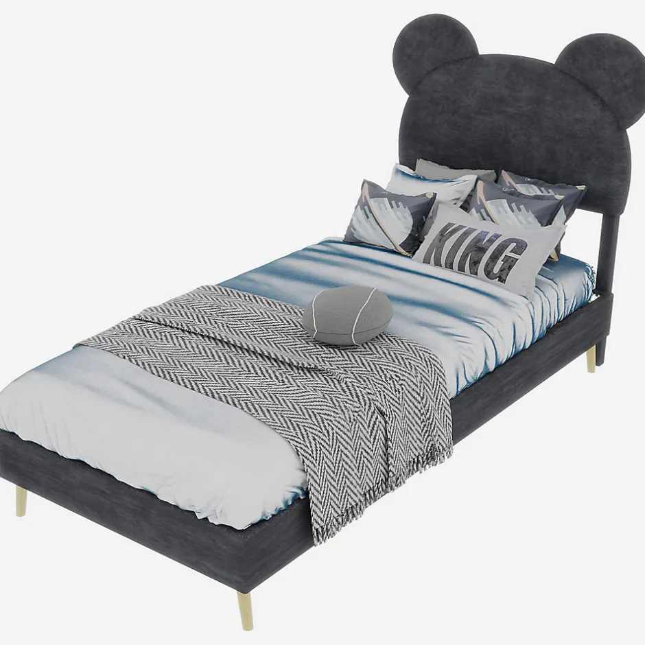 Okwish Lit Simple 90x200 cm - Lit Enfant avec Tête Cartoon Capitonnée et Cadre Bas, Velours Gris, sans Matelas Discount