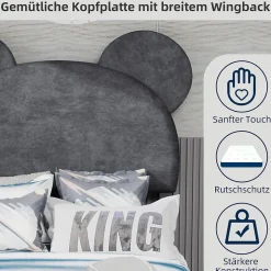 Okwish Lit Simple 90x200 cm - Lit Enfant avec Tête Cartoon Capitonnée et Cadre Bas, Velours Gris, sans Matelas Discount