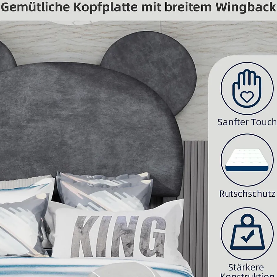 Okwish Lit Simple 90x200 cm - Lit Enfant avec Tête Cartoon Capitonnée et Cadre Bas, Velours Gris, sans Matelas Discount