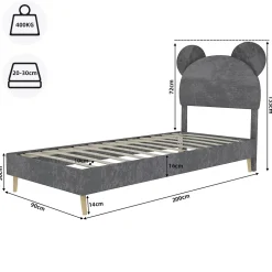 Okwish Lit Simple 90x200 cm - Lit Enfant avec Tête Cartoon Capitonnée et Cadre Bas, Velours Gris, sans Matelas Discount